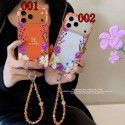 Hermes エルメスレディース愛用iphone18 pro max 17 pro 16 plusケースブランド花柄オレンジストラップ付真珠チェーン付きiphone18 air 17 pro maxカバー エルメスレディース激安コピーブランドiphone18 pro 17 pro max 15 16ケース