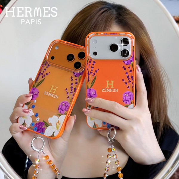Hermes エルメスレディース愛用iphone18 pro max 17 pro 16 plusケースブランド花柄オレンジストラップ付真珠チェーン付きiphone18 air 17 pro maxカバー エルメスレディース激安コピーブランドiphone18 pro 17 pro max 15 16ケース