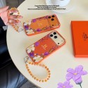 Hermes エルメスレディース愛用iphone18 pro max 17 pro 16 plusケースブランド花柄オレンジストラップ付真珠チェーン付きiphone18 air 17 pro maxカバー エルメスレディース激安コピーブランドiphone18 pro 17 pro max 15 16ケース