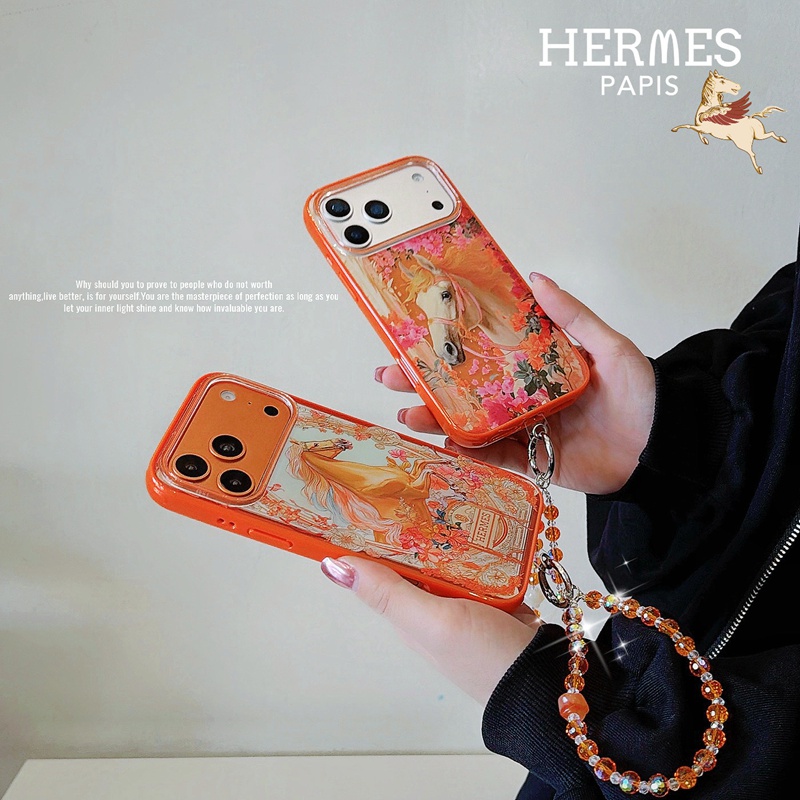 Hermes エルメスブランドオレンジストラップ付アイフォン14pro max 15 16 17 18 proケース